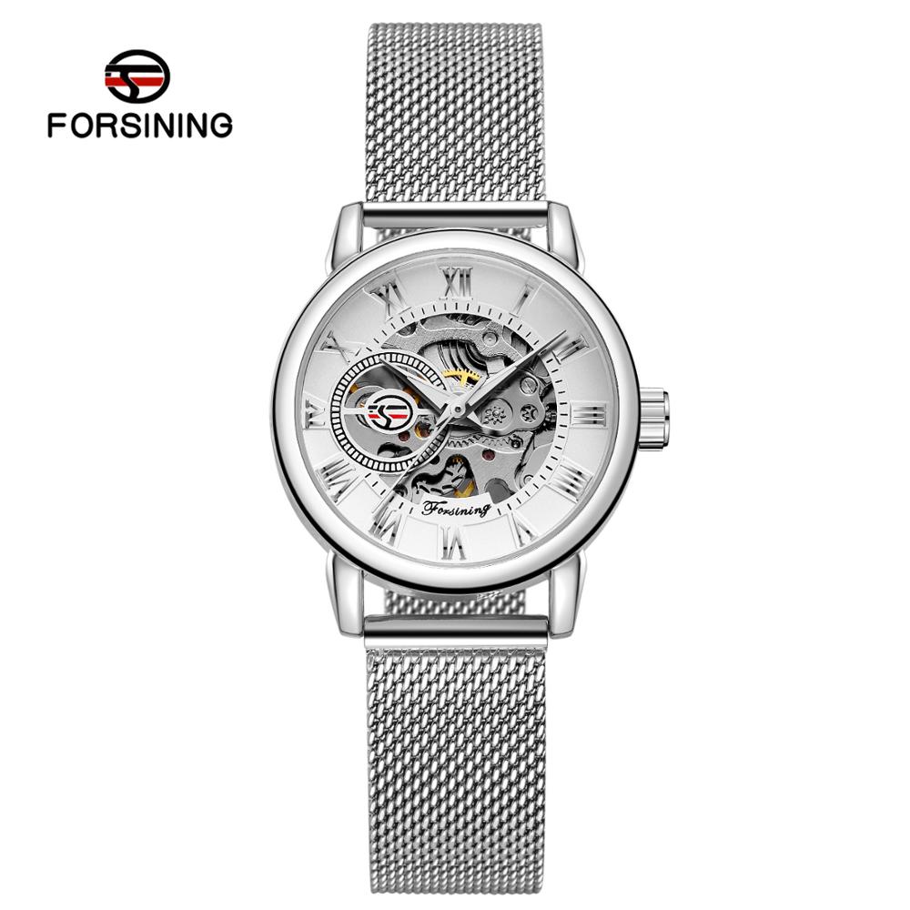 Stainless Mesh Band - FORSINING-ساعة يد ميكانيكية أوتوماتيكية للنساء ،