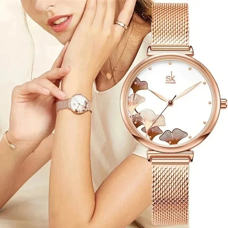 Stainless Mesh Band - ساعة نسائية فاخرة بتصميم أوراق الجنكغو،